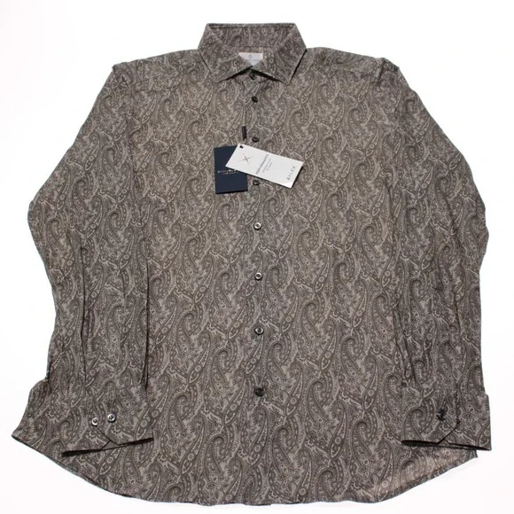 Emanuel Berg NWT Byron Casual Button Down Shirt Sz 42 16.5 L Taupe Brown Paisley